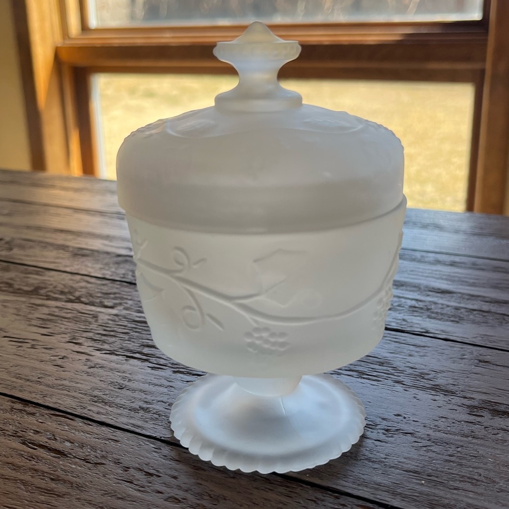 Vintage Frosted Glass Vanity Dish With Grape & Vine Pattern